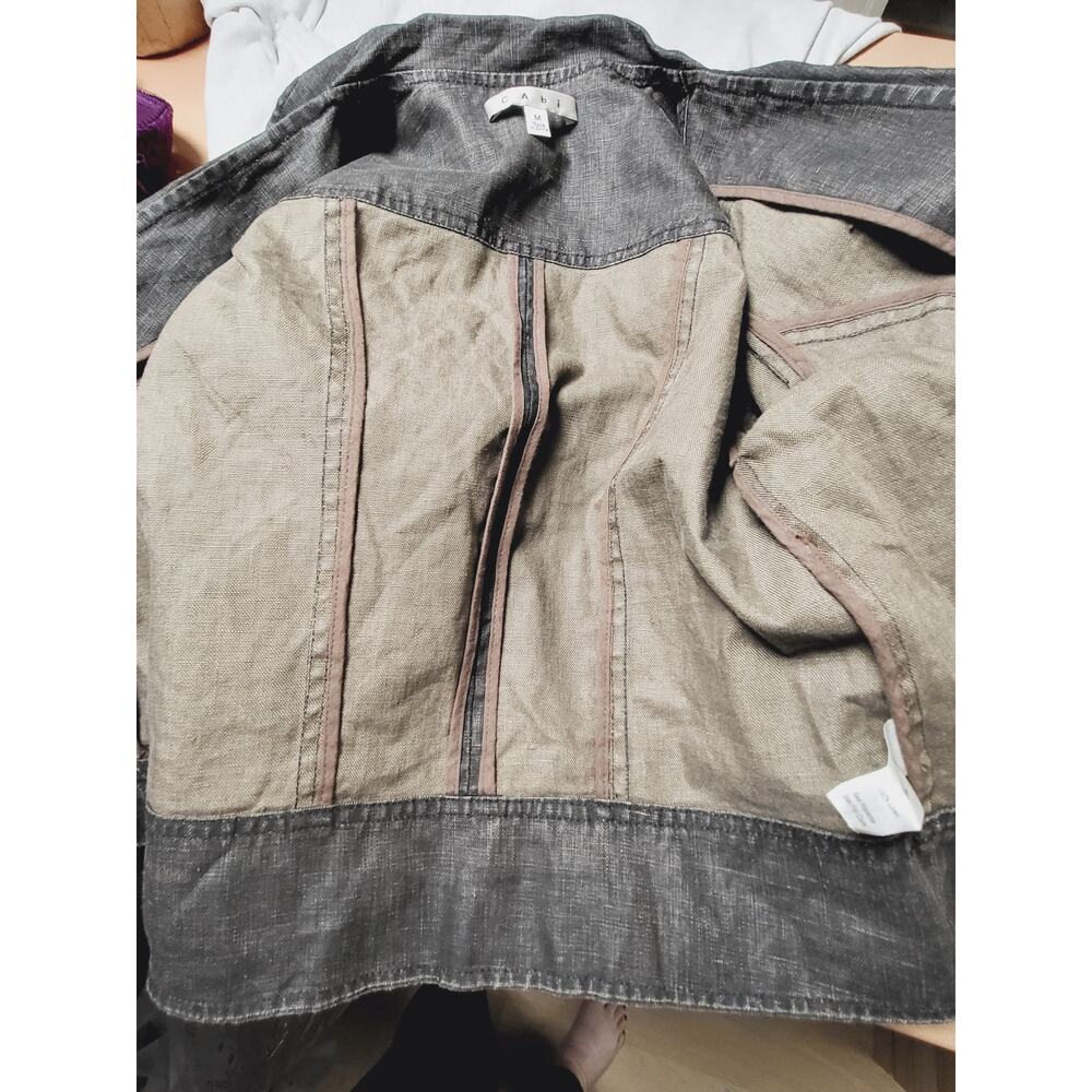 CAbi Charcoal Coated Linen Draped Ruffle Collar Cropped Moto Jacket Medium - Picture 11 of 13
